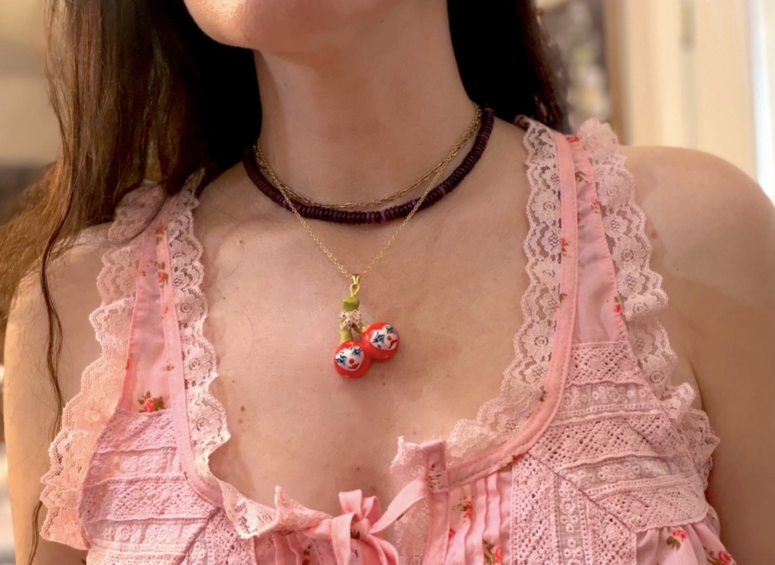 Thelma & Velma Cherry Clown Twins Necklace